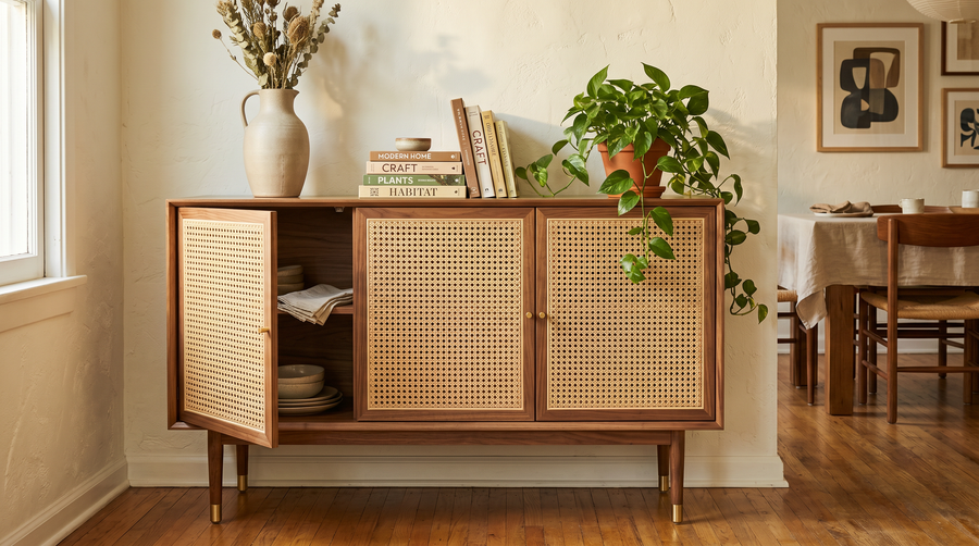 Forma Cane-Front Sideboard — Walnut & Rattan Storage