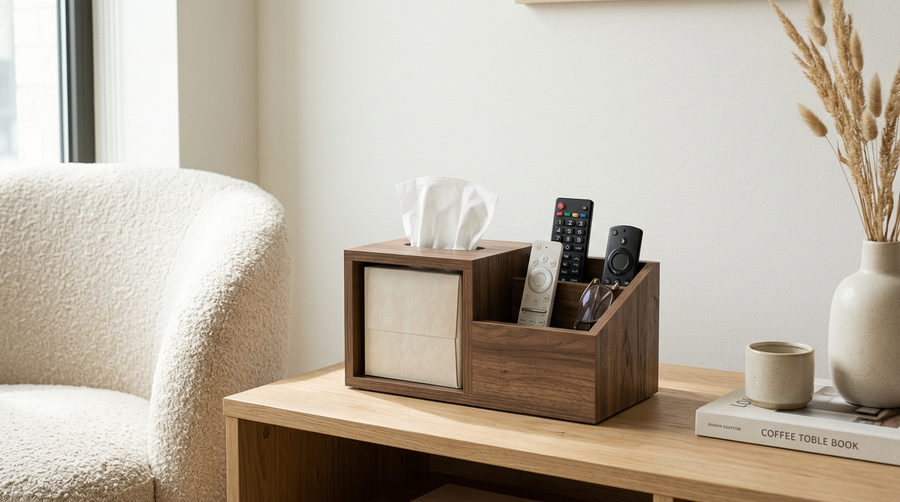 Nook Tissue Box & Remote Caddy — 2-in-1 Coffee Table Organizer