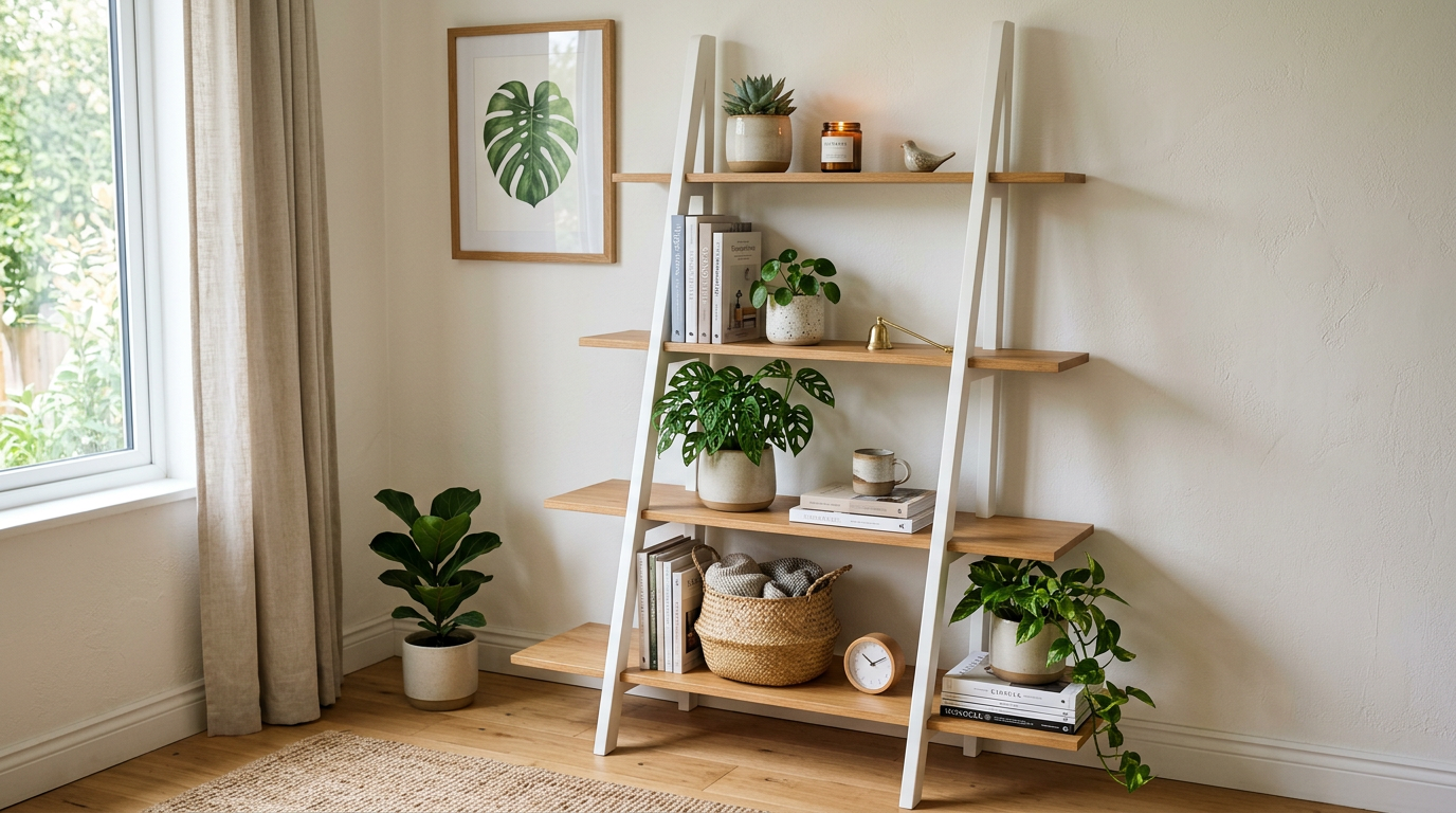 Plank Ladder Shelf 4-Tier — Modern Leaning Bookshelf