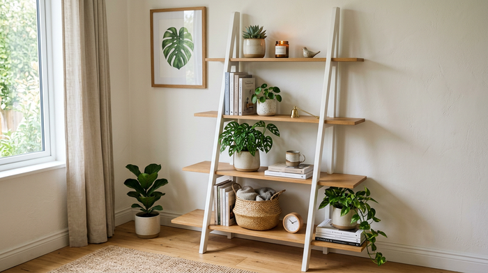 Plank Ladder Shelf 4-Tier — Modern Leaning Bookshelf