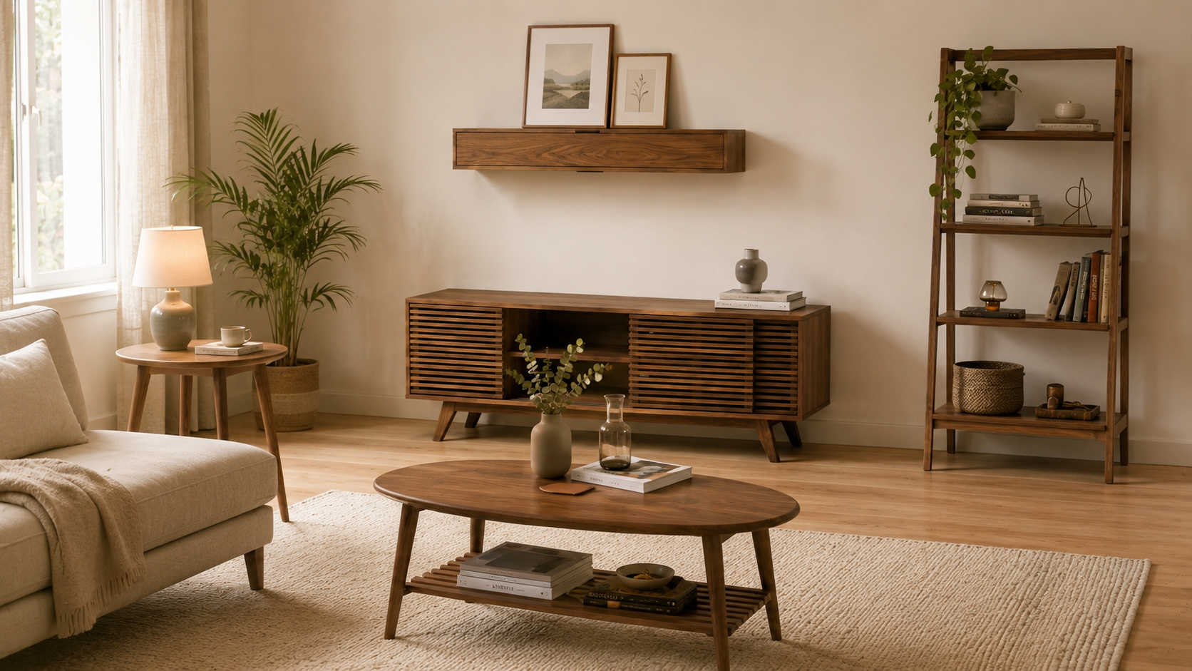 Forma mid-century living room — slatted TV console, oval coffee table, side table, bookshelf and floating shelf