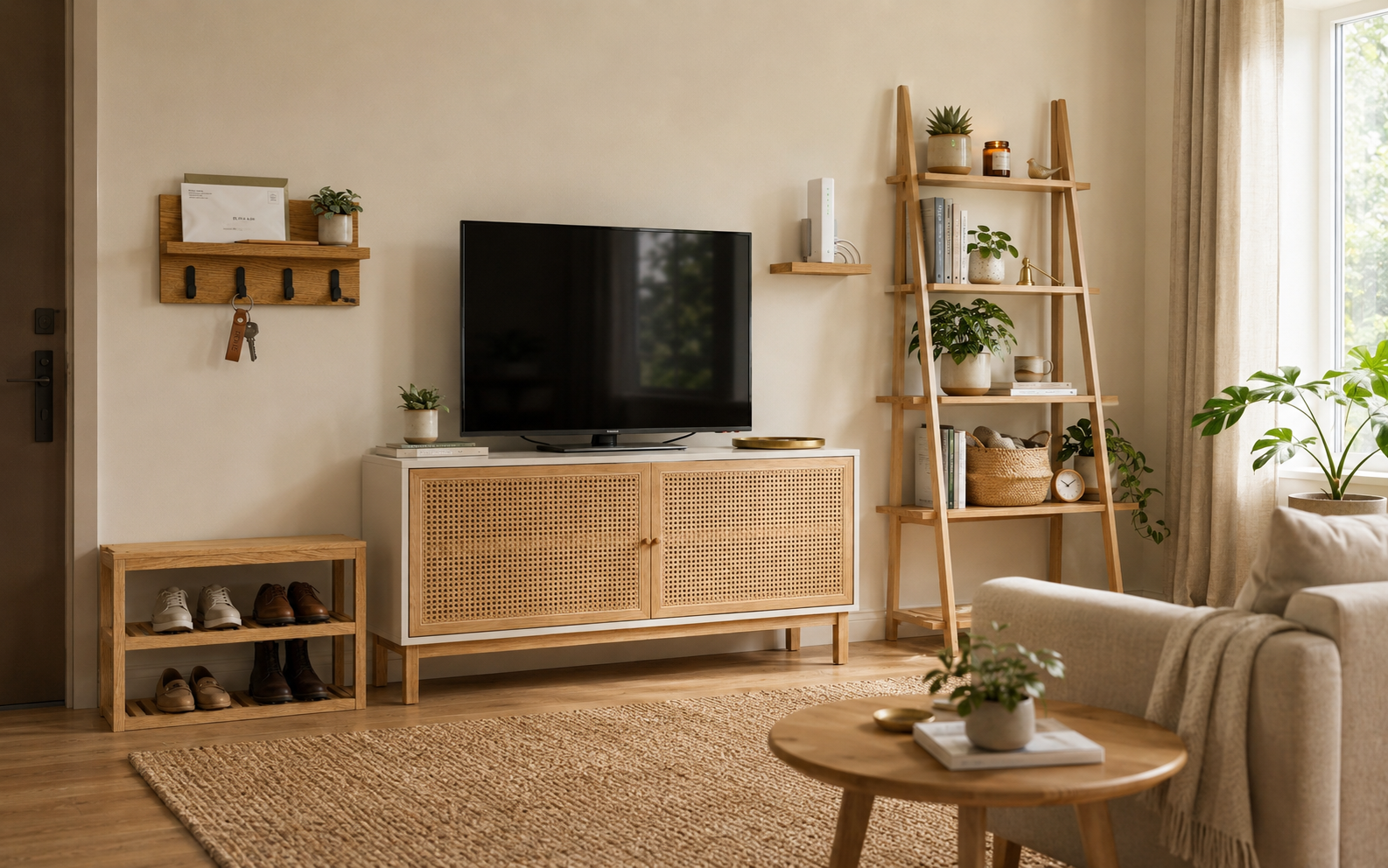 Small-space living room — cane TV unit, leaning ladder shelf, shoe rack, key holder and router shelf